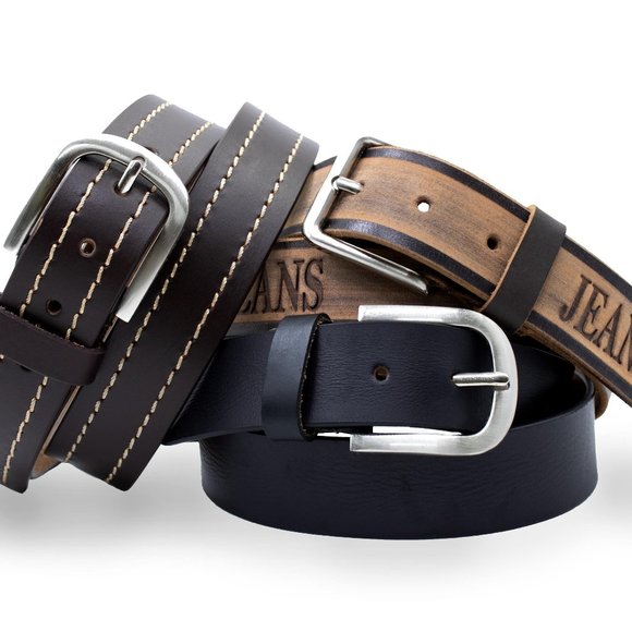 Genuine Leather Mens Black Casual Jeans Belts with Heavy Silver Buckle - Picture 4 of 5